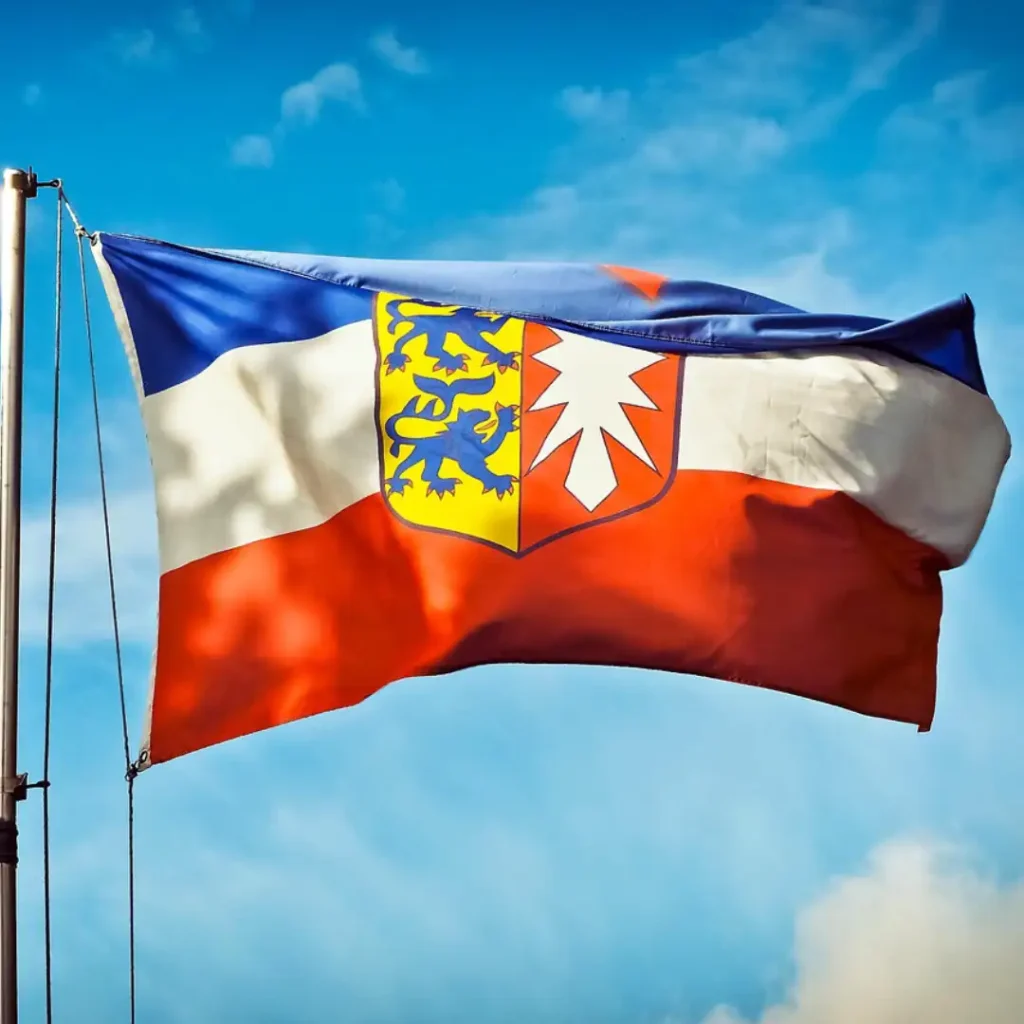 Das Bild zeigt die Flagge des Bundeslandes Schleswig-Holstein mit dem Wappen in der Mitte. In Hintergrund ist blau-weißer Himmel sichtbar.
