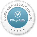 Das Bild zeigt eine runde "Plakette" mit fünf Sternen und der Aufschrift: "Kundenauszeichnung. Pflegehilfe.