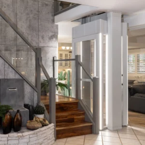 Das Bild zeigt die untere Haltestelle eines Luma-Senkrechtliftes - inkl. der Fahrstuhlkabine.