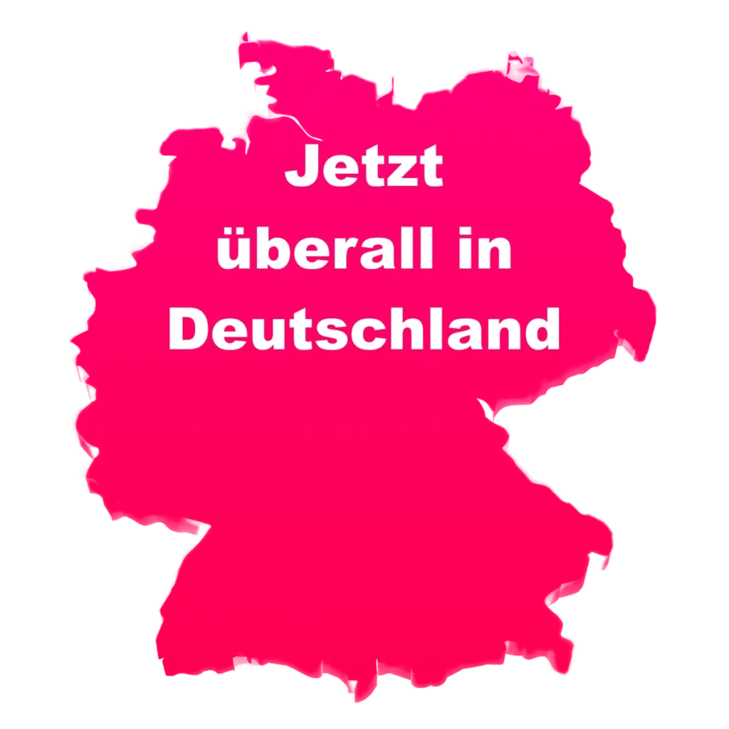 Das Bild zeigt die Umrisse der Landkarte der Bundesrepublik Deutschland. Text: "Jetzt überall in Deutschland".